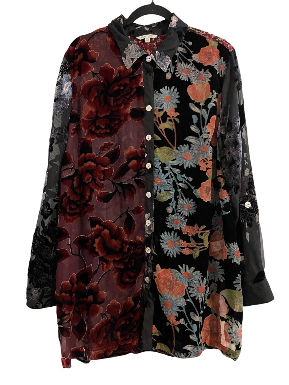 JOHN MARK Black Velvet Burnout Floral Button Down Shirt
